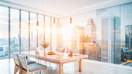 Modern dining room with panoramic city view and sunlight streaming through windows.の素材