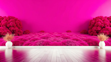 Pink minimalist room with fluffy plants and white floor.の素材