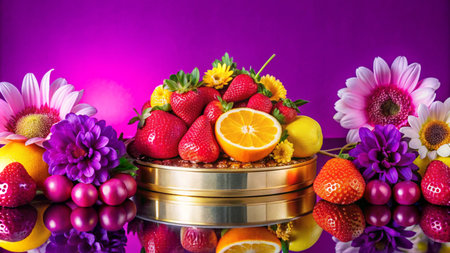 A still life with fruit, flowers, and a golden tray on a reflective surface.の素材