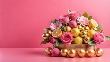 Festive arrangement of pink roses, gerberas, lemons and gold Easter eggs in a basket on a pink background.の素材