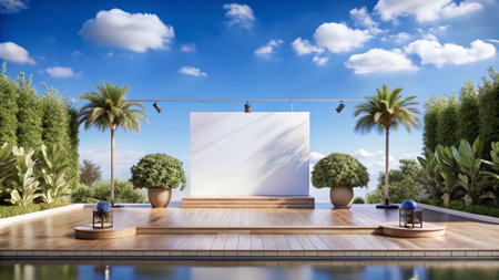 Blank white canvas mockup on wooden stage with palm trees and pool.の素材