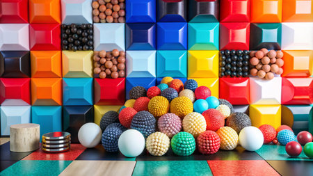 Colorful spheres against a geometric background with a wooden block and metal discs.の素材