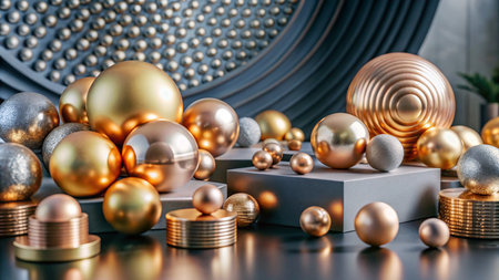 Abstract composition of gold and silver spheres on geometric platforms with a textured background.の素材