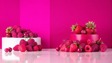 A vibrant display of fresh red berries, including raspberries, strawberries, and cherries, arranged on white and red podiums against a bold pink background.の素材