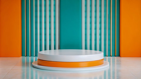 White and orange podium on turquoise and orange striped background.の素材