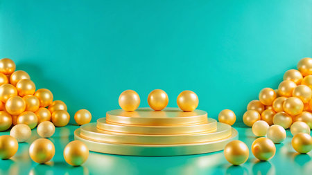 Golden podium with balls on a turquoise background.の素材