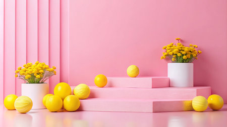 Minimalist pink and yellow stage with flowers and lemons for product display.の素材