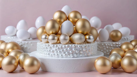 Golden and white eggs on a white podium with pearl decoration.の素材