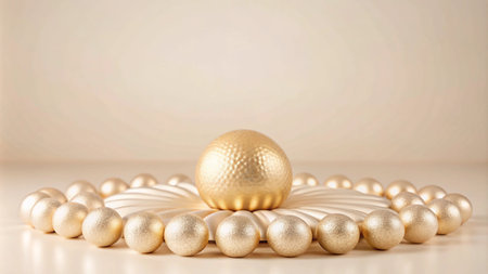 A single golden sphere sits atop a ring of smaller golden spheres against a light brown background.の素材