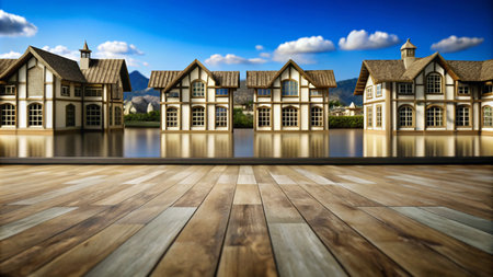 A row of houses in a lake with a wooden floor in the foreground.の素材