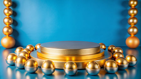 Gold podium on a blue background with golden spheres around it.の素材