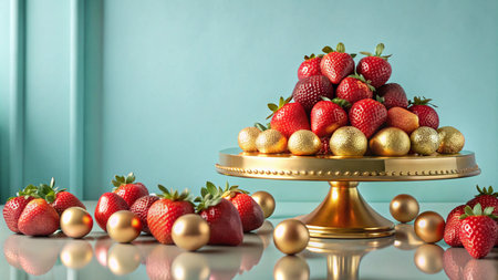 A gold pedestal with a pyramid of fresh strawberries and golden chocolate balls surrounded by more strawberries and chocolate balls on a white surface.の素材
