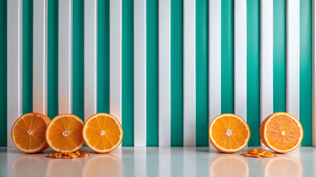 Five orange halves arranged in a row against a white and turquoise striped background.の素材