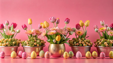 Easter decoration with colorful eggs and spring flowers in pots on pink background.の素材