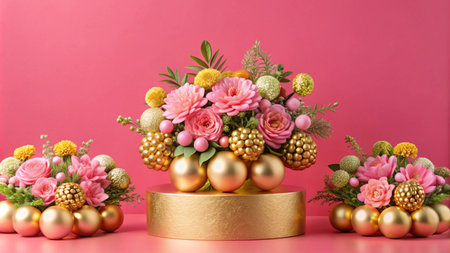 Three floral arrangements with pink flowers and gold baubles on a pink background.の素材