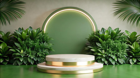 Green circle podium with tropical plants.の素材