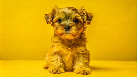A small, brown and white puppy sits on a yellow background, looking directly at the camera.の素材