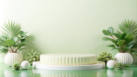 Green and white product display podium with plants.の素材