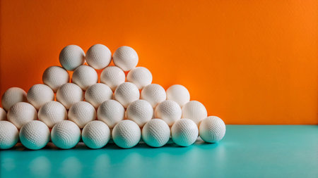 A pyramid of white spheres against a blue and orange background.の素材