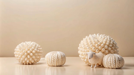 White decorative spheres and a white sheep figurine on a table against a beige background.の素材