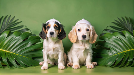 Two adorable puppies wearing white hats sit among green palm leaves against a green background.の素材