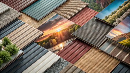 A variety of siding samples laid out in a grid.の素材