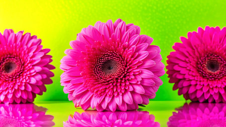 Three pink gerbera daisies arranged in a row on a green background with reflections.の素材