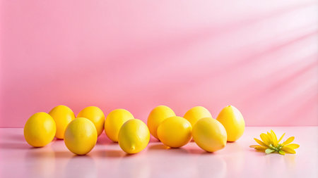 A group of yellow Easter eggs on a pink background with a single yellow flower.の素材
