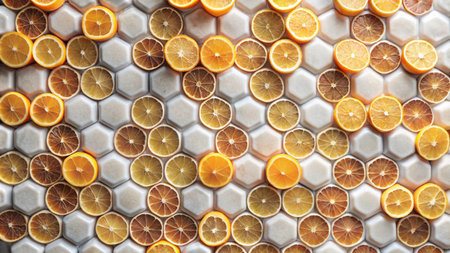 A pattern of lemon slices on a white honeycomb background.の素材