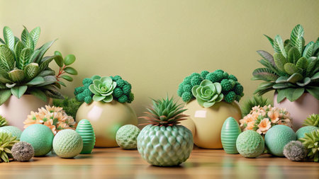 Green potted plants and decorative eggs on a wooden table against a green wall.の素材