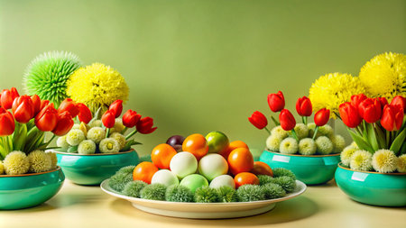 A festive arrangement of eggs, tulips and chrysanthemums on a table.の素材