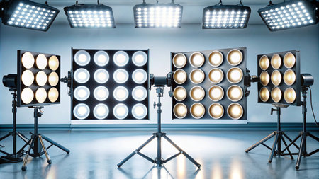 Four professional studio lights set up on tripods in a white room.の素材