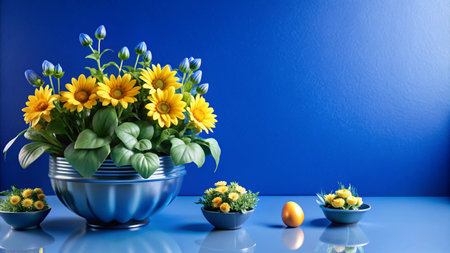 A blue background with a silver vase filled with yellow flowers and three smaller bowls with yellow flowers and an orange egg.の素材