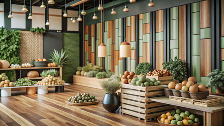 A modern, minimalist grocery store interior with wooden shelves and baskets filled with fresh produce.の素材