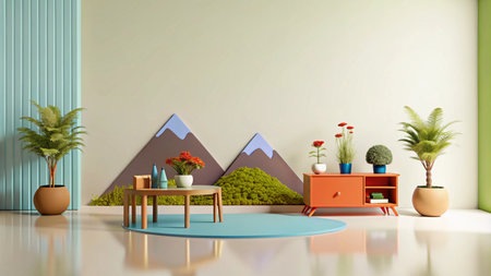 A modern living room interior with colorful furniture, plants, and a mountain wall art.の素材