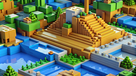 A stylized, blocky landscape with a pyramid, water, and trees.の素材