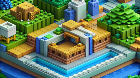 A pixelated 3D rendering of a modern house with a pool and surrounding greenery.の素材