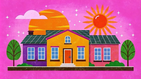 Colorful house with solar panels, a sun and a setting sun on a pink background.の素材