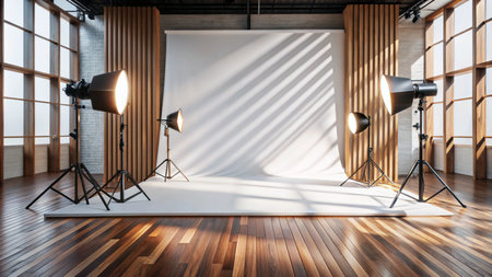 Empty photography studio with white backdrop, professional lighting, and wooden floor.の素材