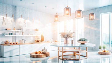 Modern kitchen with white cabinets, wooden table, and large windows.の素材