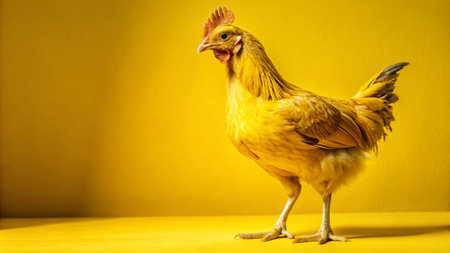 A yellow chicken stands against a bright yellow background.の素材
