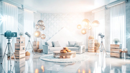 Modern photo studio interior with professional lighting equipment, camera, and a comfortable sofa.の素材