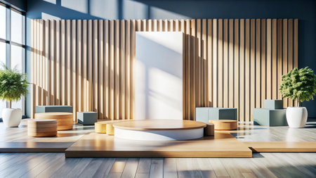 Modern minimalist interior with wooden wall, podium, and plants.の素材