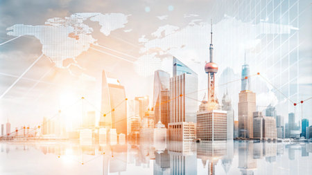 A modern cityscape with a world map overlay, representing global connectivity and growth.の素材