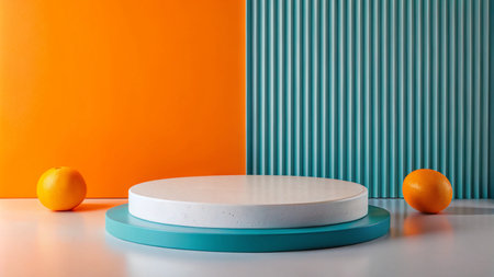 White and blue platform with orange fruits on a bright orange and blue striped background.の素材