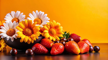 A bowl of daisies with strawberries and chocolate candies on a dark brown table with a bright yellow background.の素材