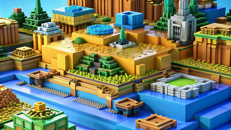 3D illustration of a miniature city made of colorful blocks.の素材