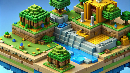 A pixelated island with a waterfall, trees, and a building.の素材