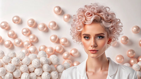 A young woman with pink curly hair looks at the camera against a background of white and pink spheres.の素材