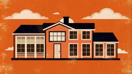 A stylized illustration of a two-story house with a porch, windows, and a door against a textured orange background with clouds.の素材